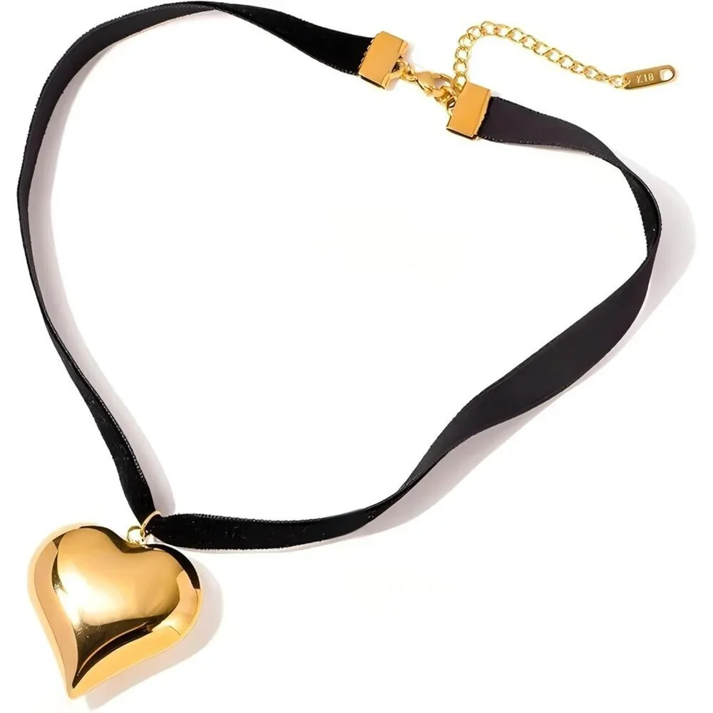 18K Gold/Silver Black Cord Heart Cross Choker Necklace Hypoallergenic Vibrant